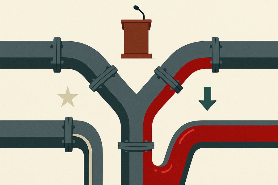 A wide pipeline split by a junction: one branch labelled US runs nearly empty, the other branch runs heavy and crimson red, carrying most of the flow.
