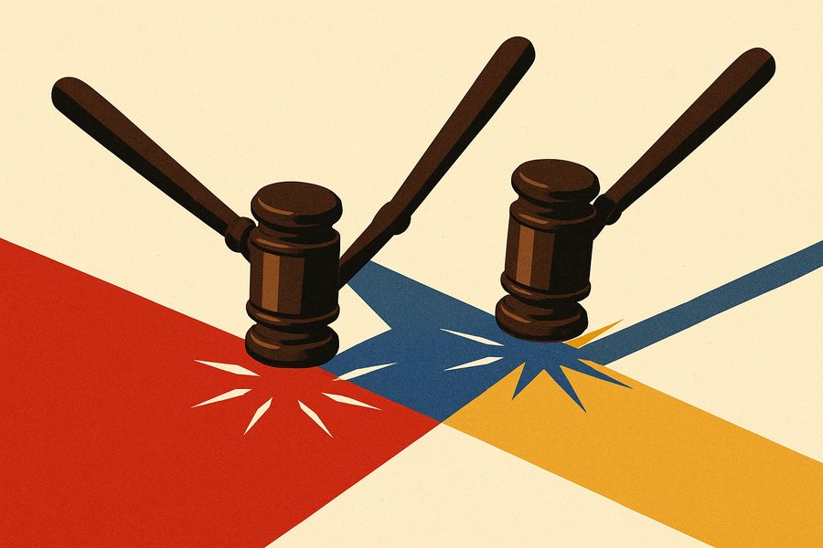 Three separate gavels striking three different surfaces, each a different colour, in editorial illustration style