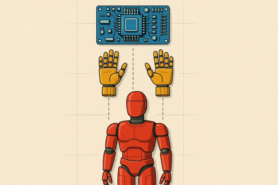 An exploded-view schematic of a humanoid robot laid out on a drafting table, body, hands and compute module separated, in editorial illustration style