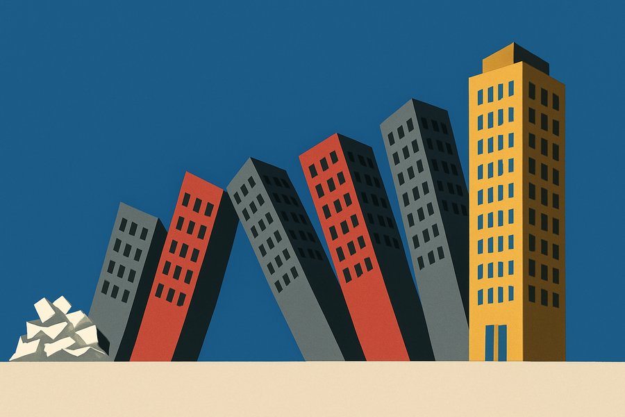 Editorial illustration of paper office towers toppling like dominoes while a single new ochre tower stands.