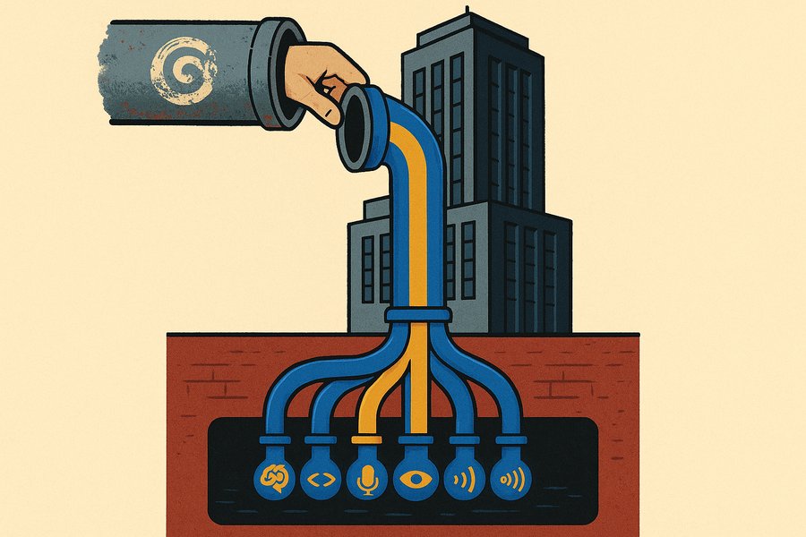 A drawn-out IV line being clipped, with a parallel new line being plugged into Microsoft's own reservoir