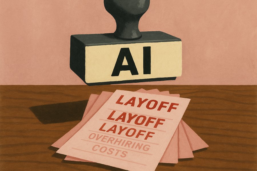 A stack of pink layoff slips, each one stamped with a generic AI label, fanned out on an executive's desk.