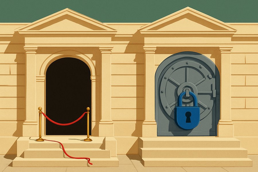 Two entrances to the same grand government building: one open behind a sagging red velvet rope, the other sealed by a massive steel vault gate with a heavy padlock.