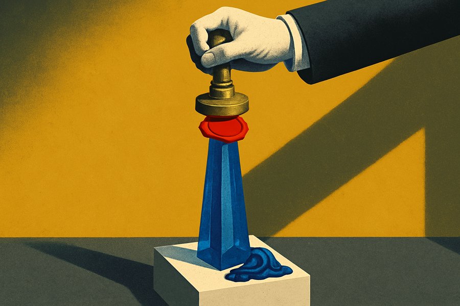 A freshly unveiled glass obelisk on a gallery pedestal being sealed shut by an official red wax stamp pressed from above