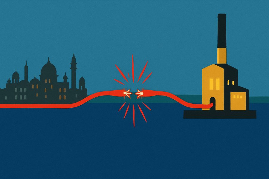 A severed power cable across an ocean, its cut end sparking red, as distant European and Indian city silhouettes fade from light to grey