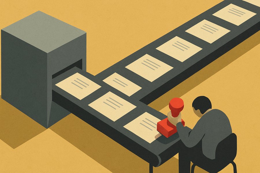 A long conveyor belt of identical documents flows from a steel machine to a single small worker holding a red approval stamp