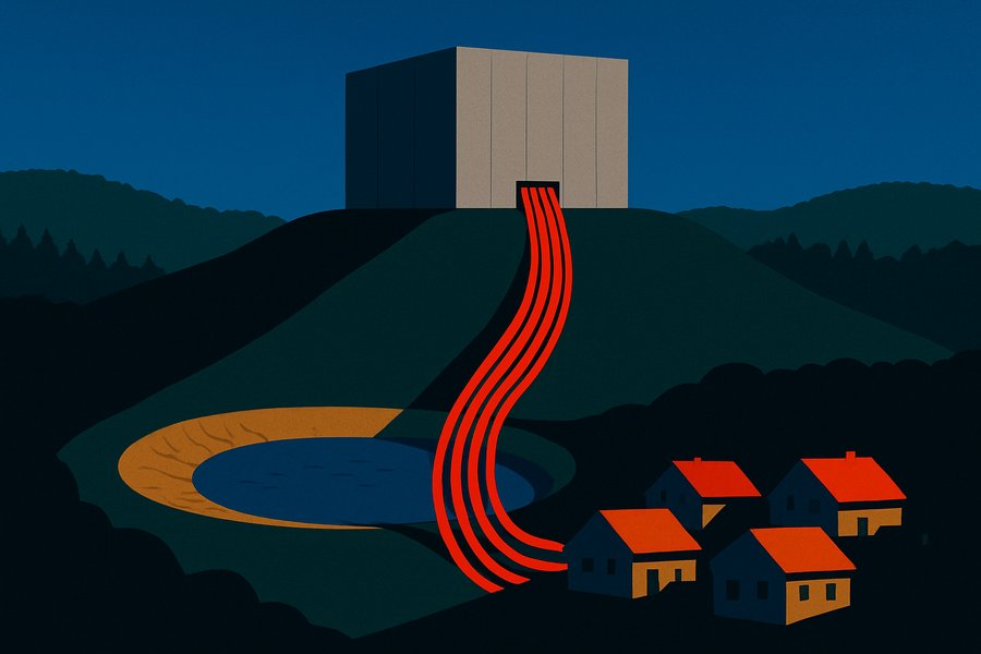 A monolithic data centre on a hill drains red power cables down to a depleted reservoir and a cluster of darkened houses.
