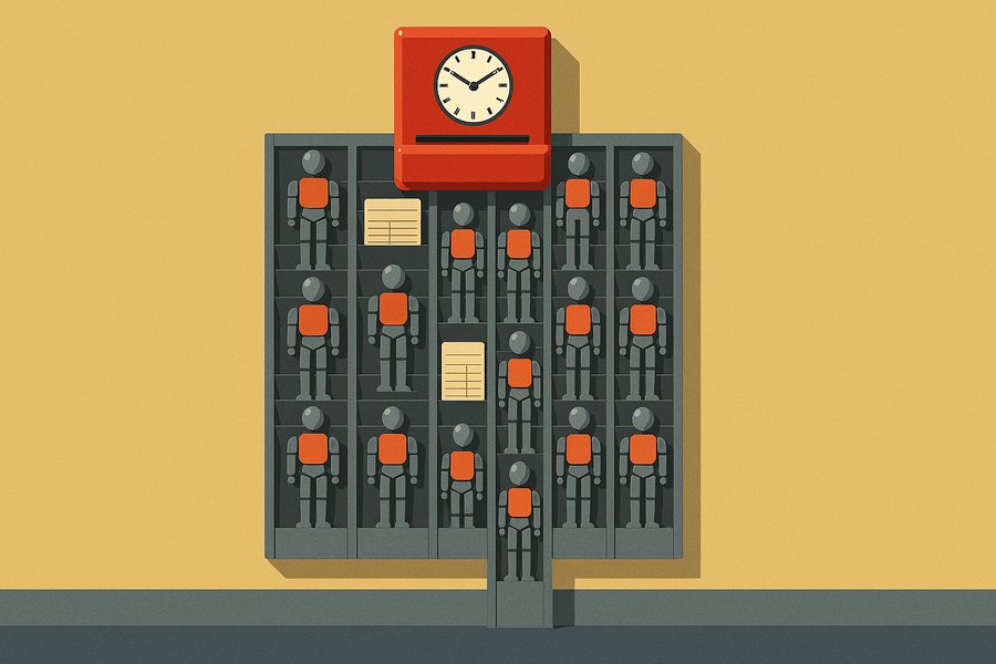 A factory time-clock rack where most of the worker slots hold small humanoid robot figures and only a few hold paper cards.