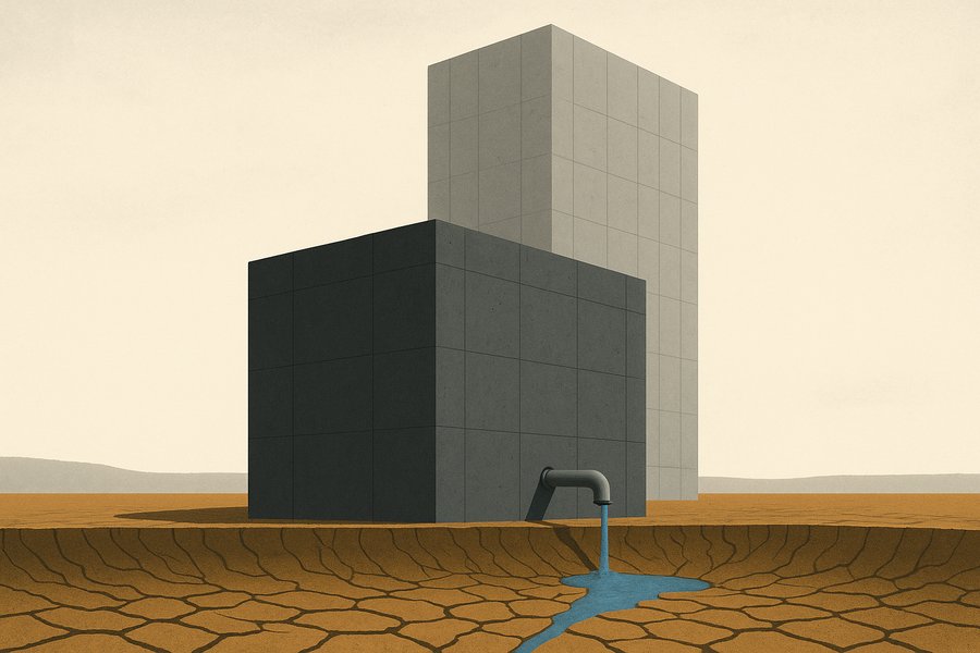 A solid grey data-centre block beside a faint translucent copy twice its height, both standing in a drained, cracked reservoir with a thin blue ribbon of water trickling from a pipe.