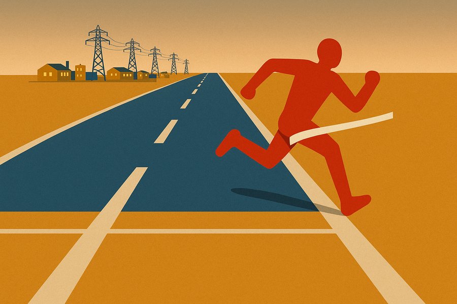 A two-lane sprint track where a red runner lunges at a finish tape, while the blue lane continues past the line as a long paved road dotted with small factories and power pylons stretching to the horizon.