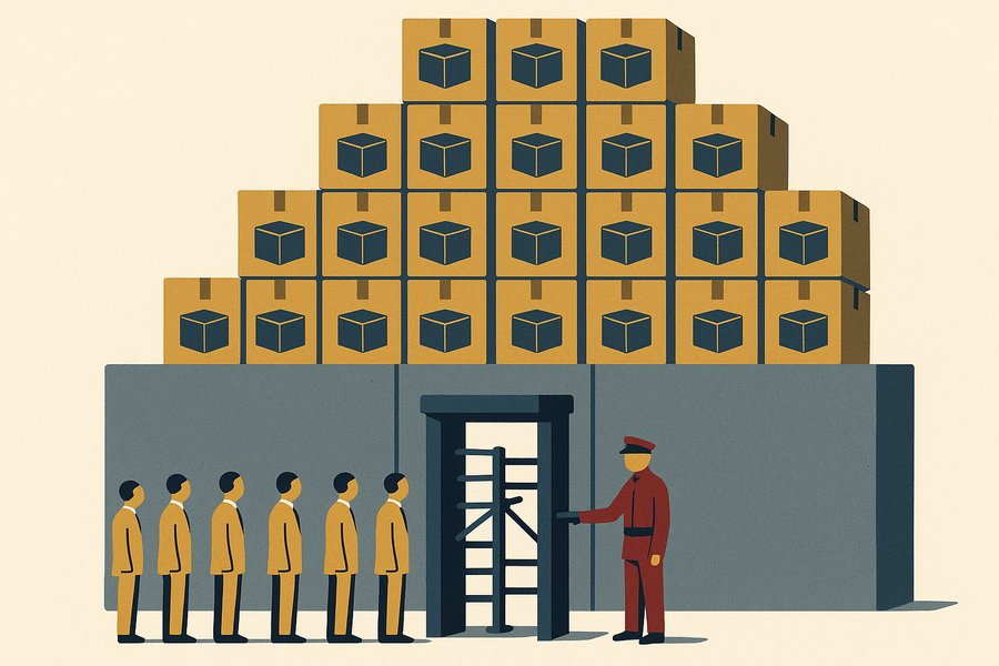 A single locked turnstile gate stands in front of a towering stack of boxed-up new product, with a uniformed official holding the only key, letting buyers through one at a time.