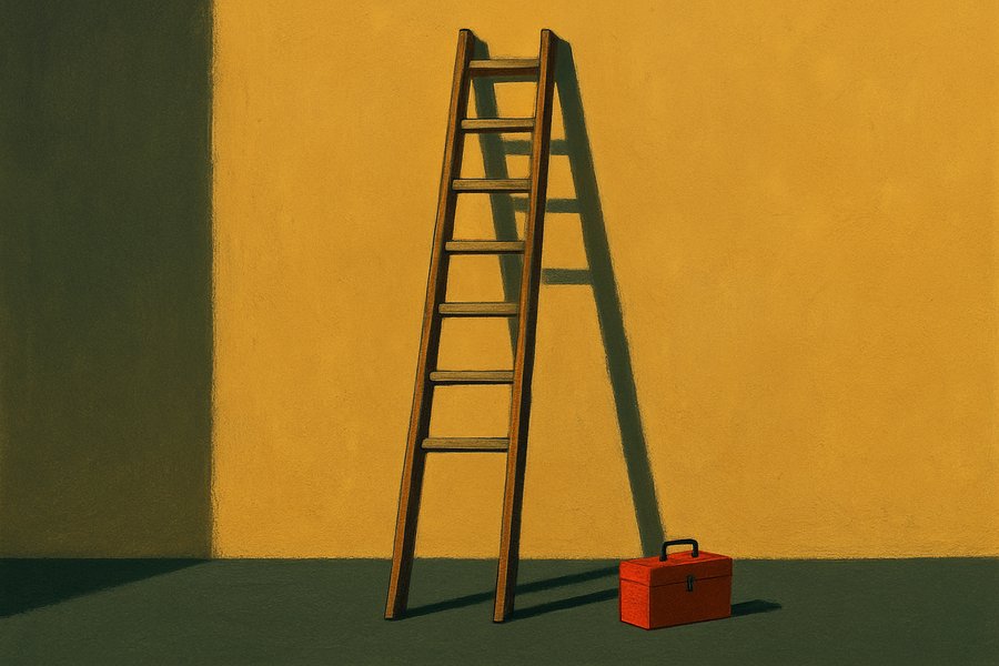 A tall ladder with its lower rungs sawn off and missing while the upper rungs remain intact.