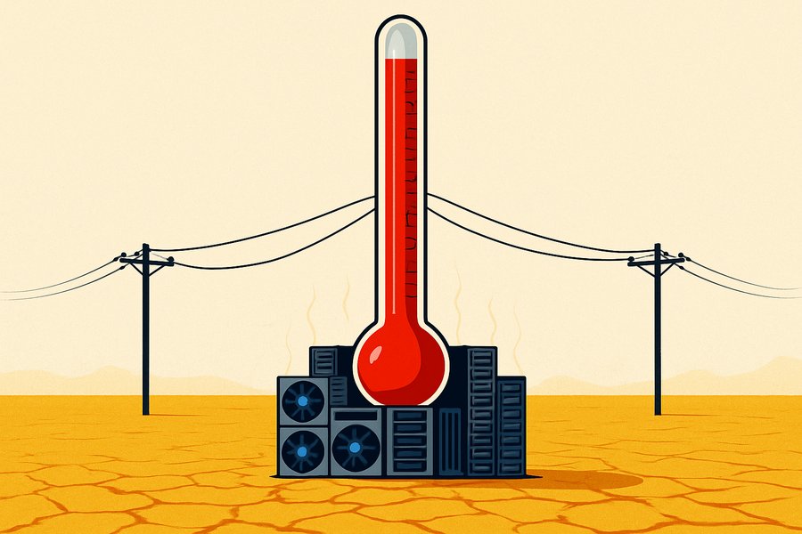 A giant thermometer whose bulb is a cluster of data-centre cooling units, its red mercury surging past a sagging power line over cracked desert earth.
