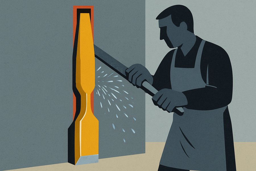 A craftsman filing the edge off a large tool so it fits through a narrow slot in a wall