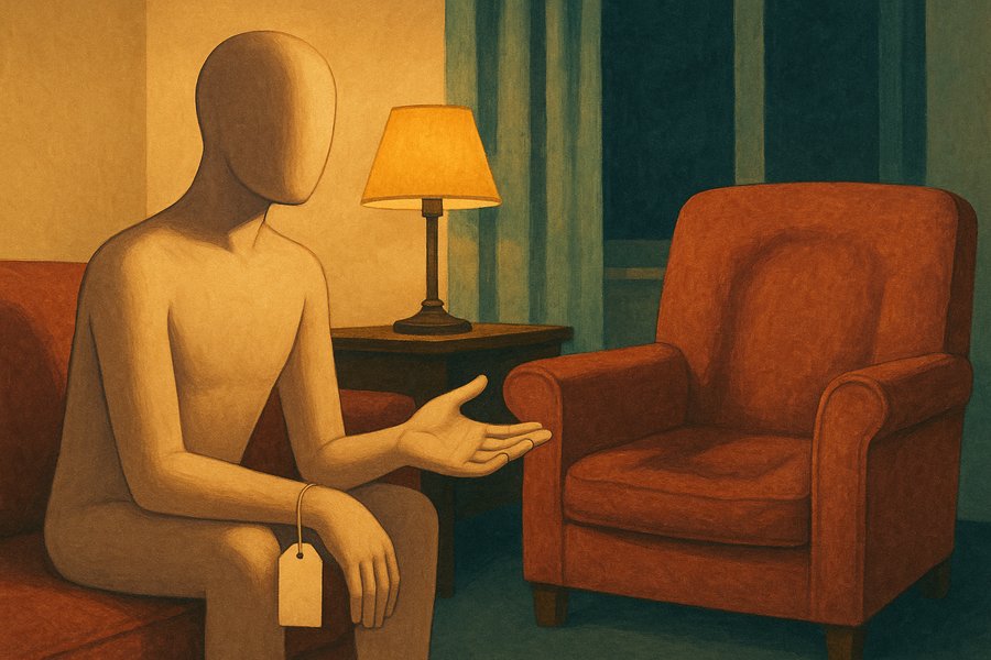 A smooth faceless humanoid figure seated in a warm living room, a blank paper sale tag tied to its wrist, reaching one lifelike hand toward an empty worn armchair opposite.