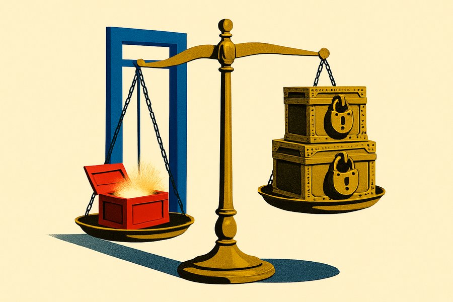 A brass balance scale in which a small open red crate spilling glowing contents outweighs two padlocked gold strongboxes, with a blue barrier gate standing behind it.