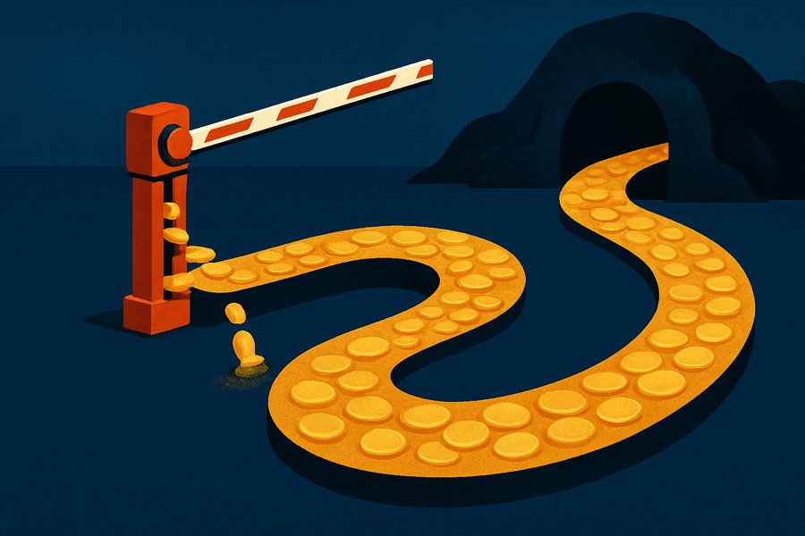 A single toll gate straddling a river of gold coins flowing out of a mine