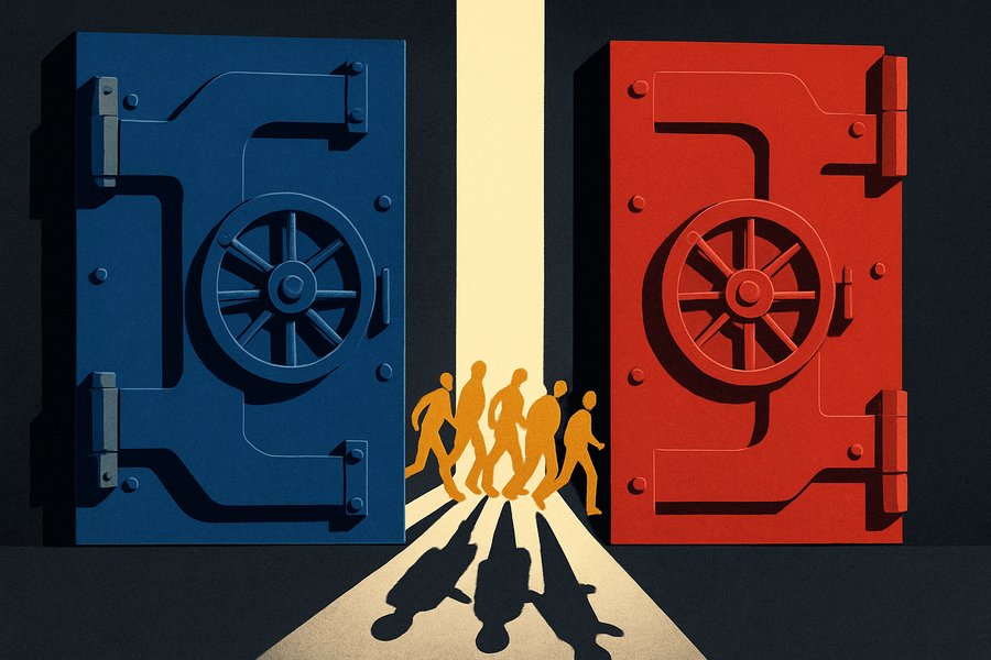 Two massive vault doors, one cobalt blue and one fire-engine red, closing from opposite sides on a narrow strip of light where small figures are caught mid-stride.