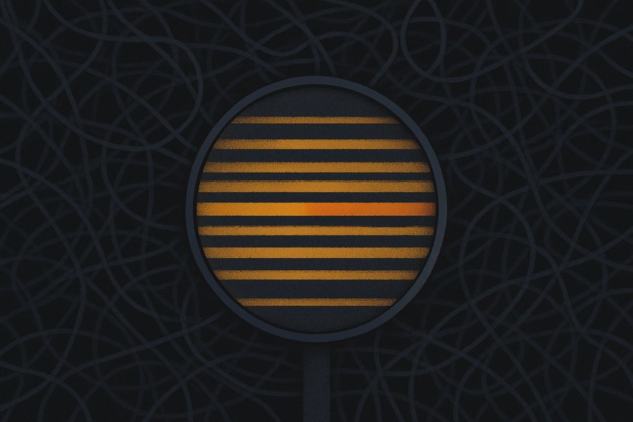 A magnifying lens over a dark tangle of threads; only inside the lens do the threads resolve into ordered glowing amber strands, one of them tinged red.