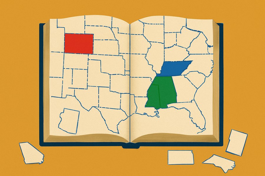 A large open law book whose pages are stitched together from a patchwork of individual US-state shapes; only three states are filled in bold colour while the rest of the book remains blank.