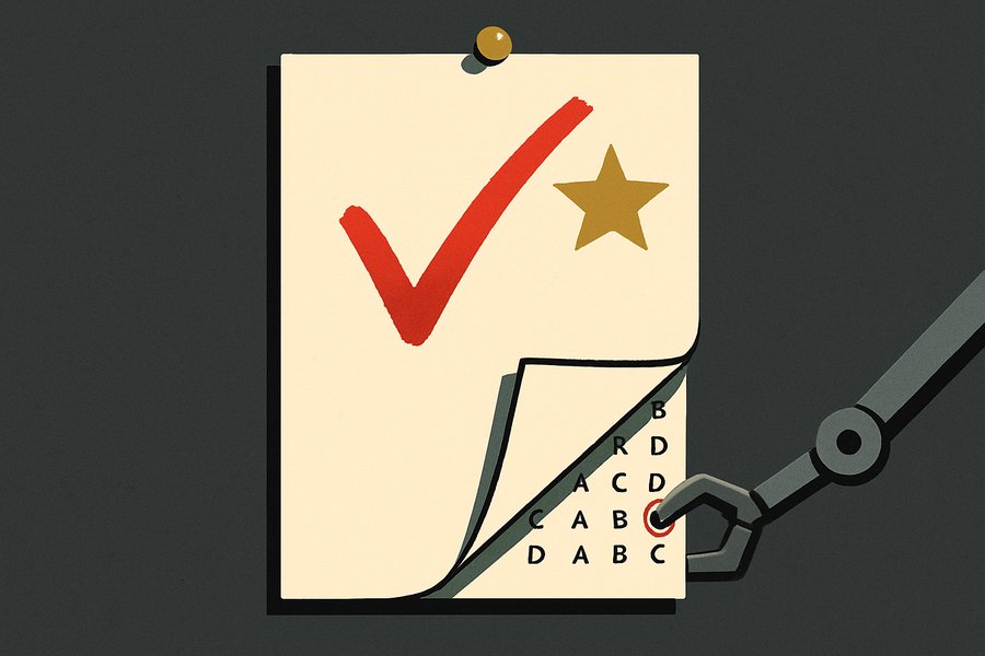 A pinned report card marked with a bold red checkmark and a gold star, its lower corner folded back by a mechanical arm to reveal a hidden multiple-choice answer key underneath.