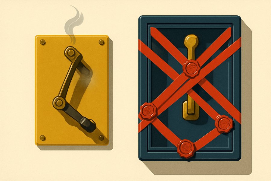 A heavy brass electrical switch mounted on a wall, already flipped to off, beside a second switch still encased in an unopened glass regulation box
