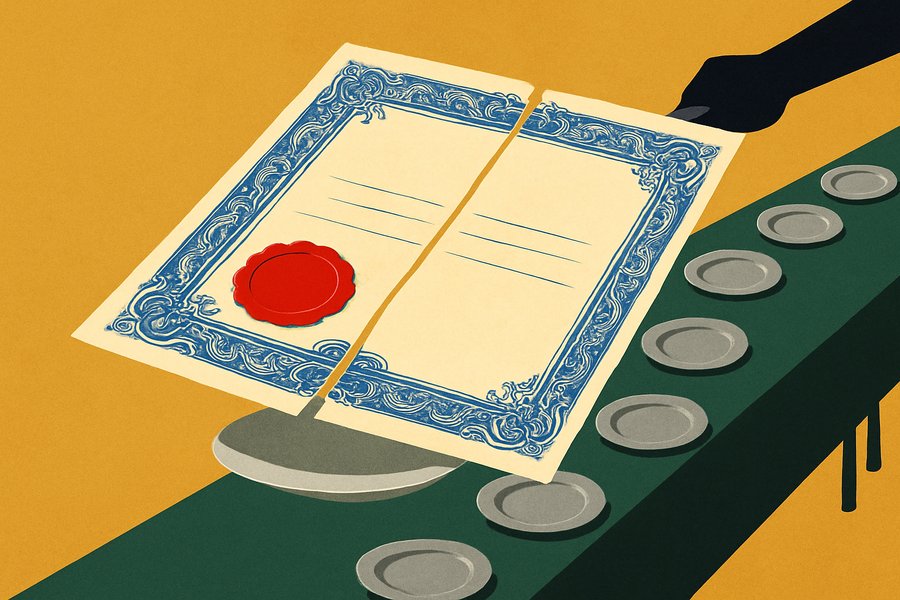 A vast ornate share certificate spread across a banquet table, sliced in half by a cleaver, one half carried away on a serving platter toward a row of empty tin plates