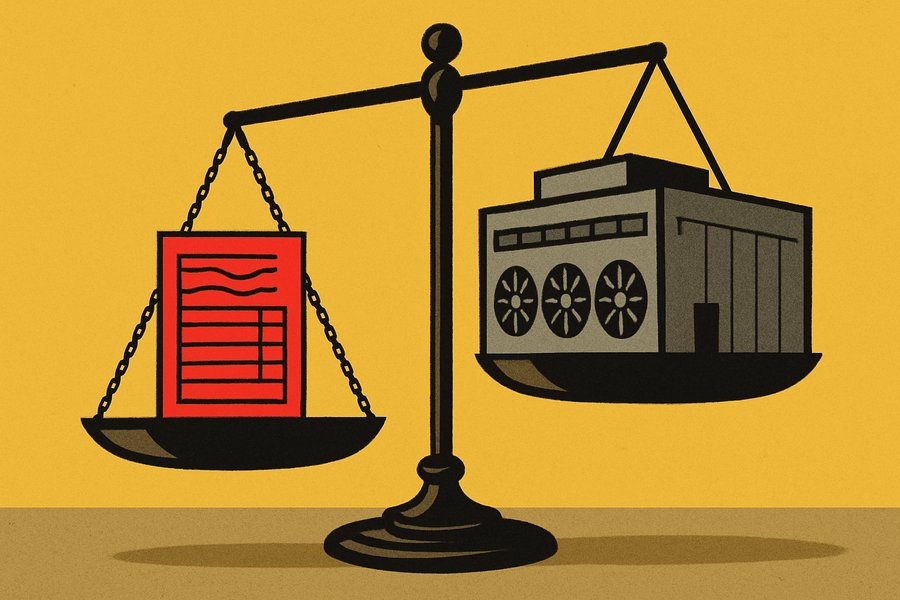 A household electricity bill weighed against a data center on a set of scales