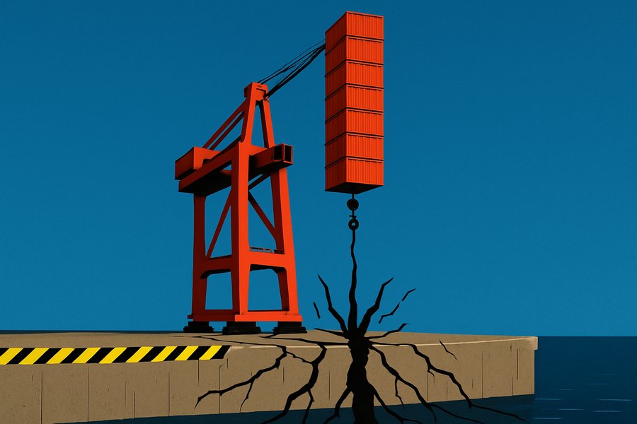 A gleaming crane hoisting stacked shipping containers skyward while the dock beneath splits open