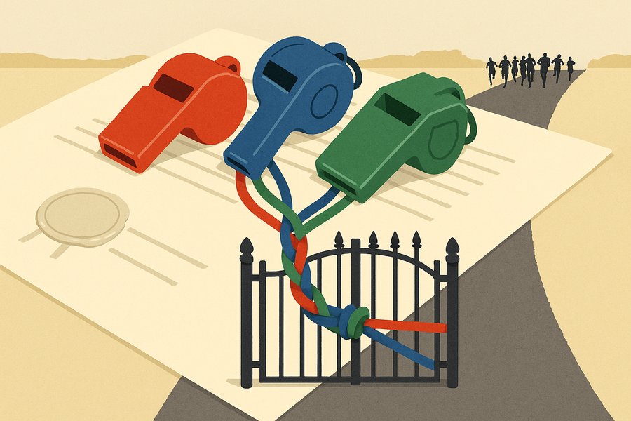 Three coloured referee whistles on a regulatory document, their ribbons braided together to tie shut a gate blocking runners on a road.