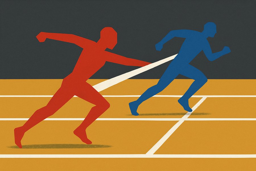 A red sprinter drawing level with a blue sprinter at the finish tape, a faded chalk head-start line behind the blue runner marking the lead that has vanished.