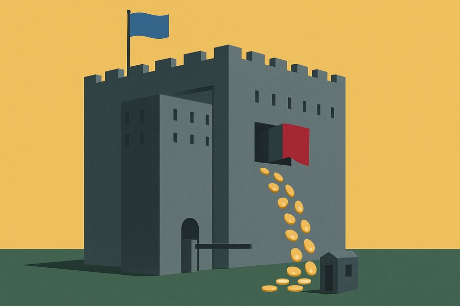 A fortress-like data centre with one wing rented out, a rival's banner hanging from its window while rent money flows back to the owner at the gate.