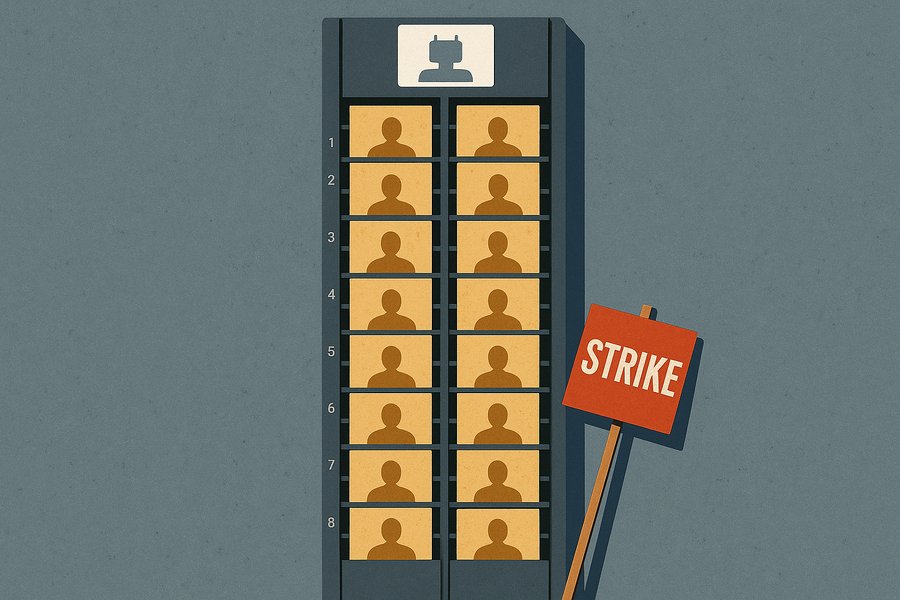 A factory time-clock rack full of workers' cards, with one empty slot at the top labelled for a humanoid, a picket sign leaning against it.