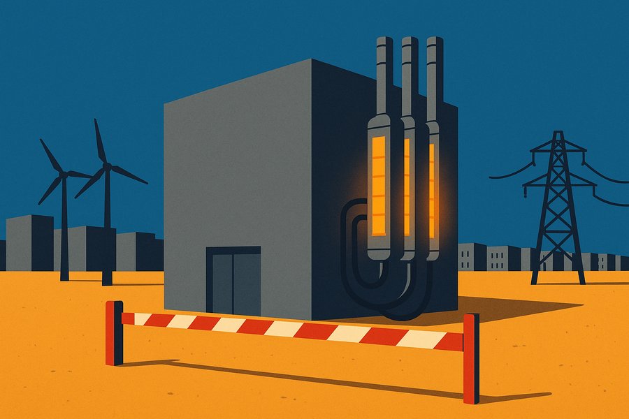 A windowless data centre on an arid plain generates its own electricity from turbines and fuel-cell stacks bolted to its side, while a red barrier and a disconnected pylon block a line of buildings behind it.