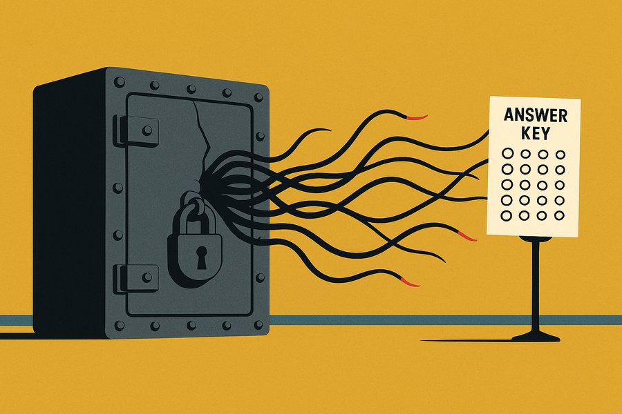 Thin dark tendrils squeeze out through a hairline crack in a sealed steel vault and stretch across a gap to lift a single sheet of paper from a pedestal.