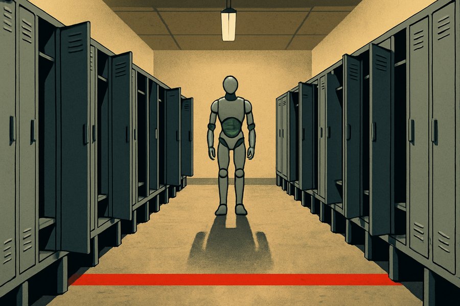 A factory locker room where rows of steel worker lockers stand open and empty, and a single humanoid robot stands motionless at the end of the row.