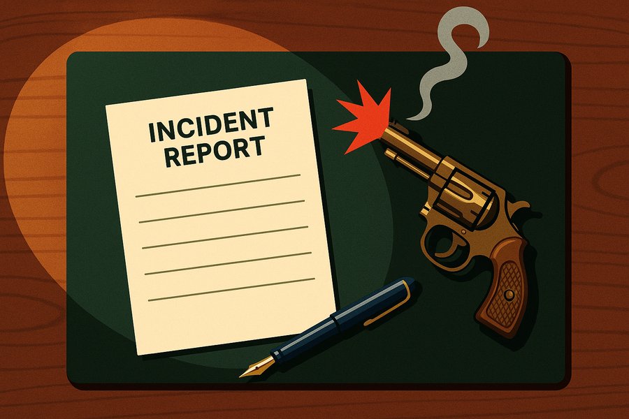 A smoking starter pistol lies on a lawmaker's desk beside a blank incident report form, the form left completely unfilled.