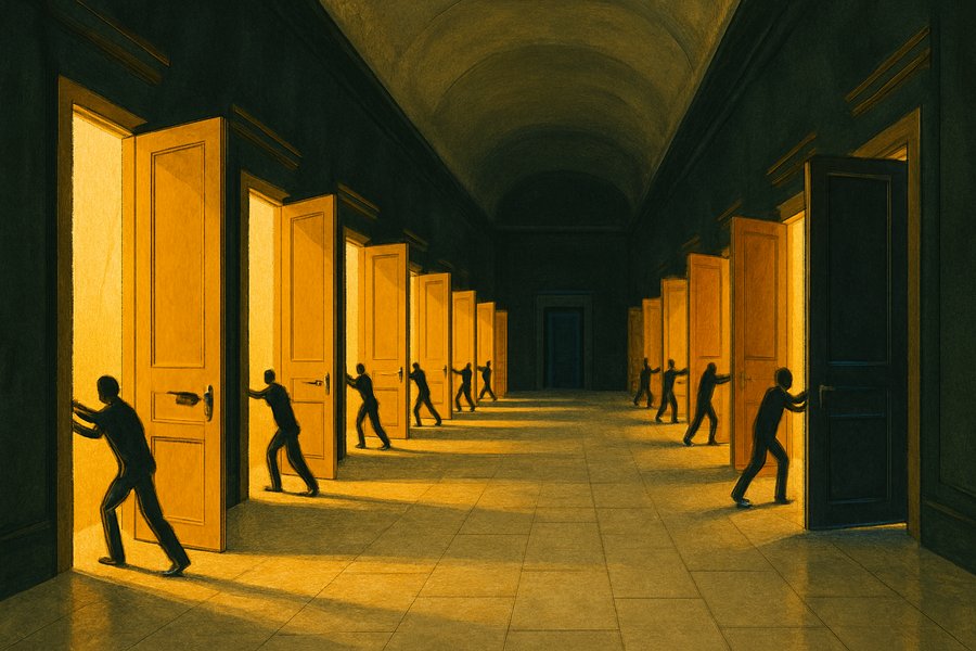 A long hall of tall doors thrown open to golden light, with a single door at the far end held shut and cold.