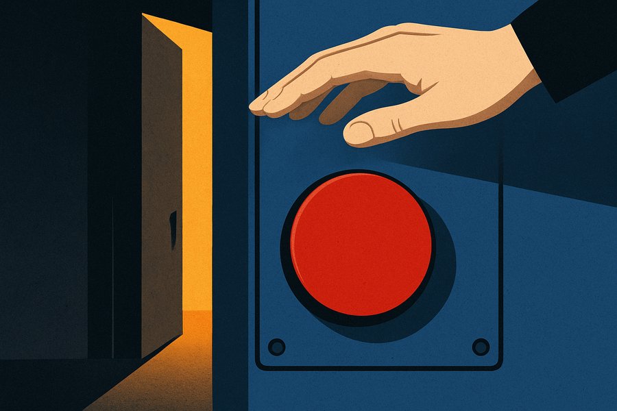 A single hand hovering above a large red emergency stop button, untouched, while a door behind it stands ajar with light spilling out.