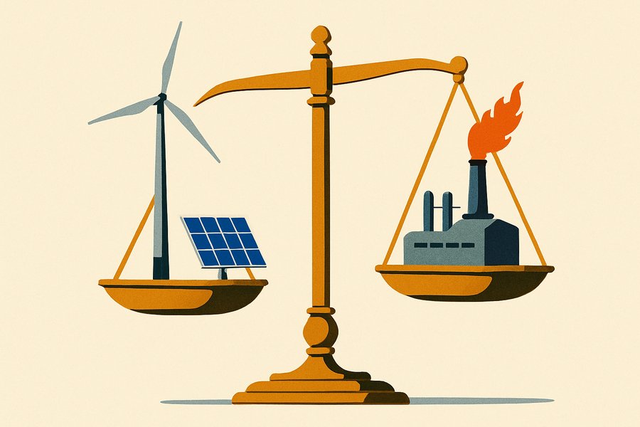 A balance scale with a wind turbine and solar panel outweighed by a natural-gas plant and its flare stack.
