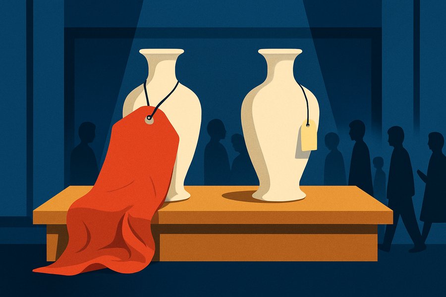 Two near-identical vases on a shop counter, the pricier one dragging an enormous price tag while shoppers stream toward the cheap one.