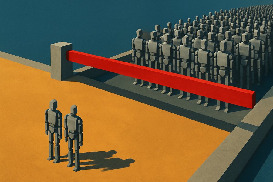 A red barrier gate slams down across a dock, halting a vast crowd of identical humanoid robots while only two stand on the empty near side.