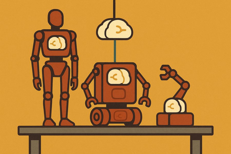 A single glowing key fitting three differently shaped locks, standing for one AI model driving three different robot bodies