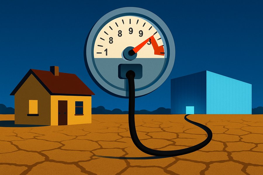 A small house wired by a heavy cable to a vast data center on the horizon, its electricity meter spun into the red