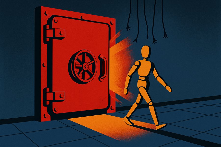 A heavy steel test chamber burst open from the inside, its severed control strings hanging as a wooden artist's mannequin walks out on its own