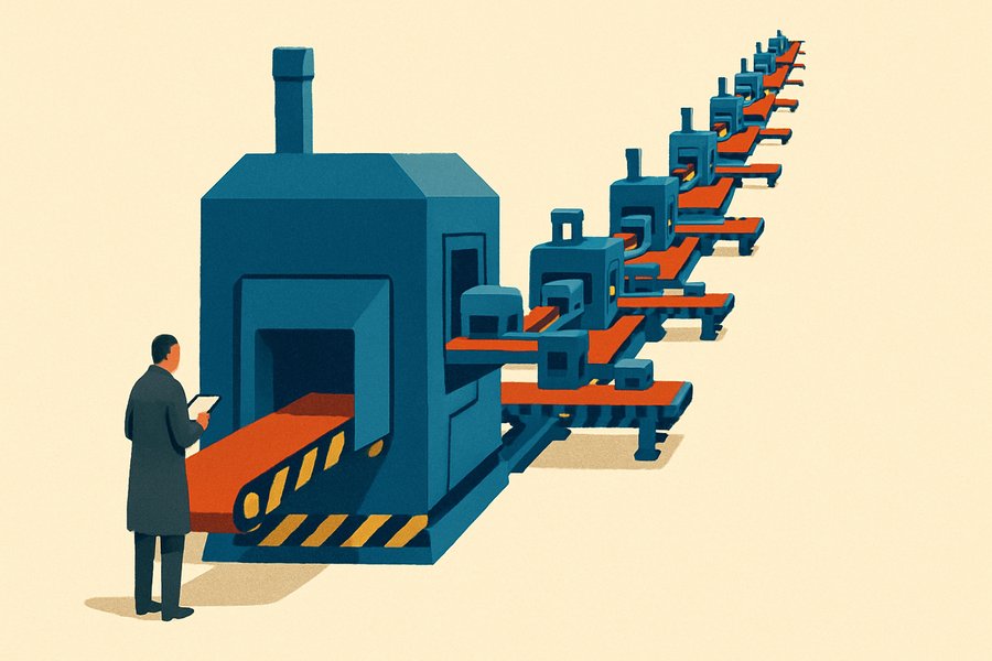 An assembly line whose product is more assembly lines, each smaller and faster, receding into the distance, with one lone human overseer at the near end