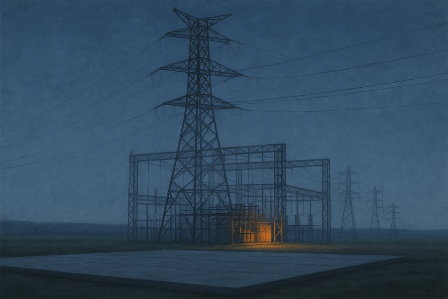 A vast half-built electrical substation and steel transmission framework fading into cold twilight, with only one small corner energised and glowing warm amber
