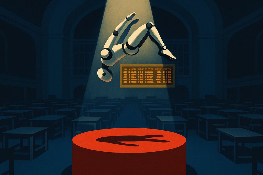 A humanoid robot frozen mid-backflip above a stock-exchange trading floor