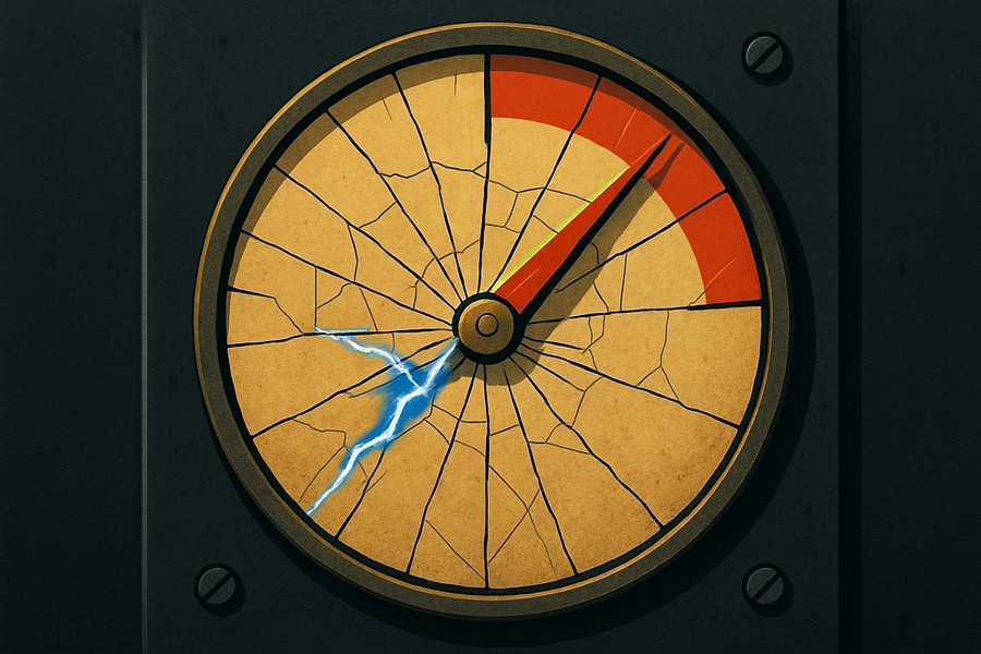 A heavy industrial power gauge whose needle has swung so violently it has cracked the glass dial, against a dark control-room wall