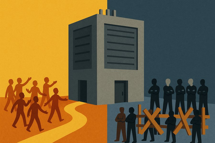 A single grey concrete data-center block on a dividing line, welcomed by a small crowd on the warm ochre left side and barricaded by an identical crowd on the cold blue right side